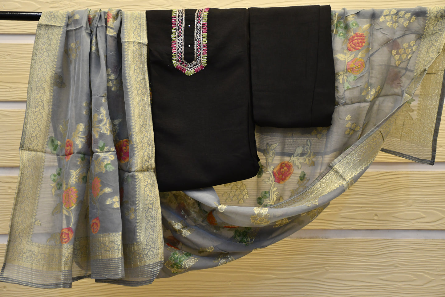 Black Silk Blend Dress Material with Grey Pure Woven Floral Print Dupatta
