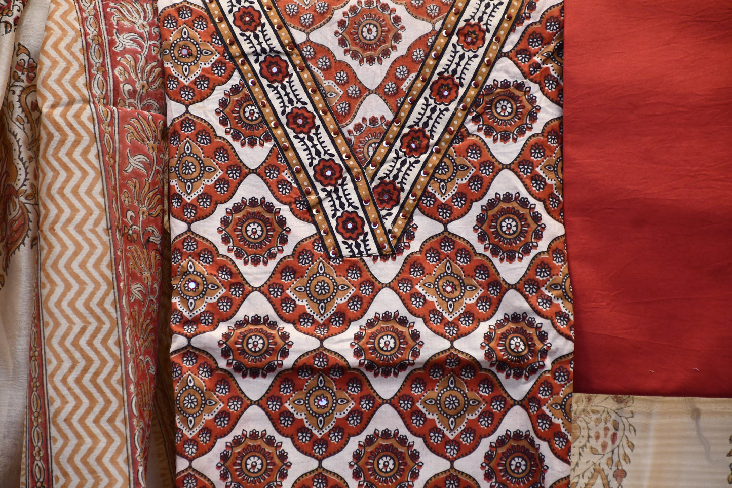 Red & Beige Handblock Printed Dress Material – Astitva Collection