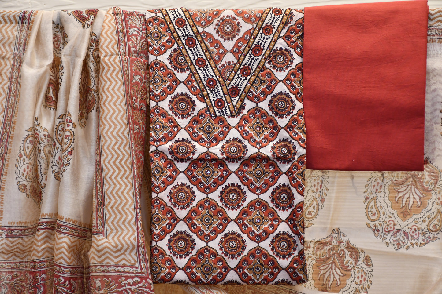 Red & Beige Handblock Printed Dress Material – Astitva Collection