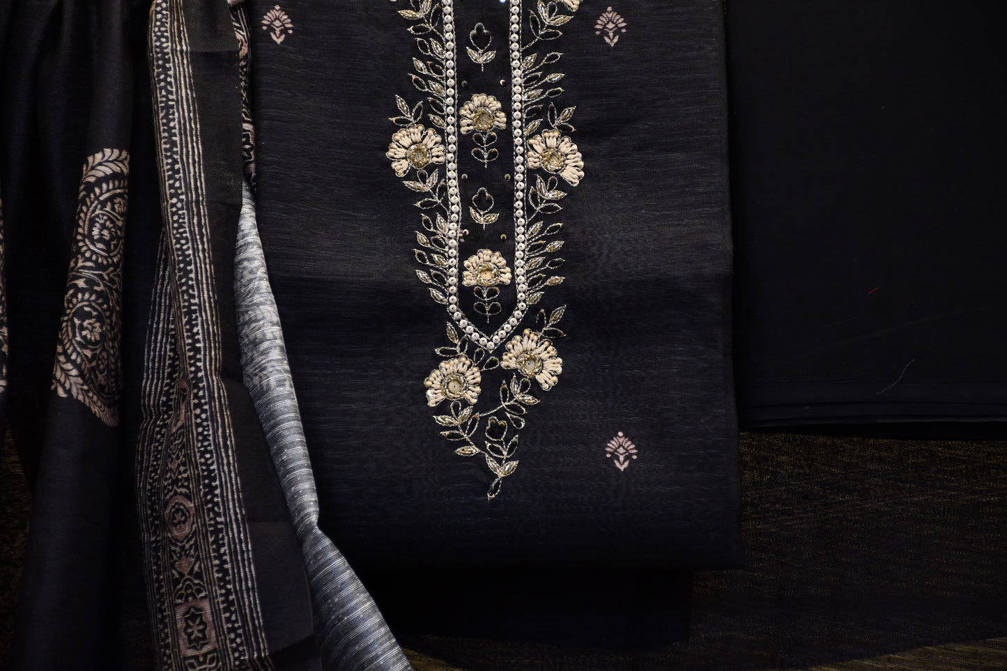 Black Raw Silk Dress Material with Handwork & Handblock Dupatta – Astitva Collection