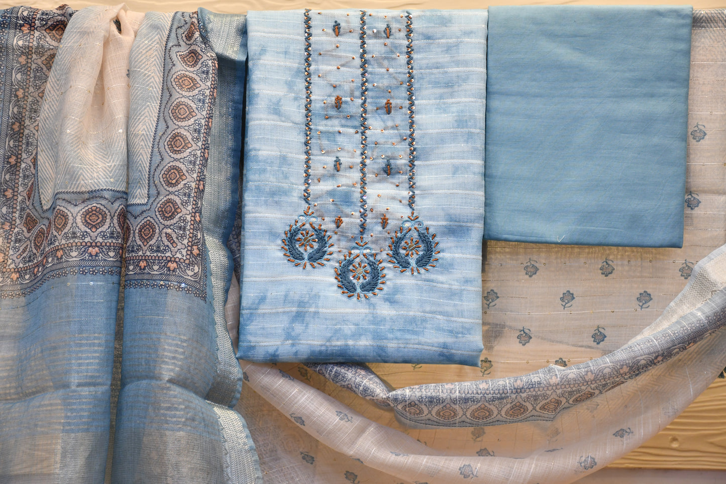 Sky Blue Dress Material with Intricate Neck Work & Work In Dupatta -Astitva Collection
