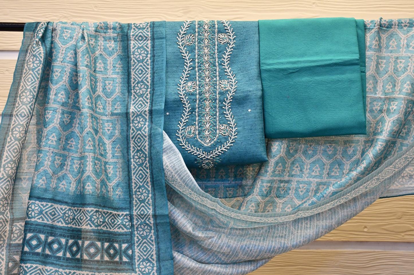 Raw Silk Dress Material with White Pearl Handwork & Printed Dupatta
