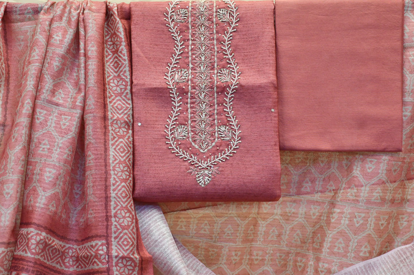 Raw Silk Dress Material with White Pearl Handwork & Printed Dupatta