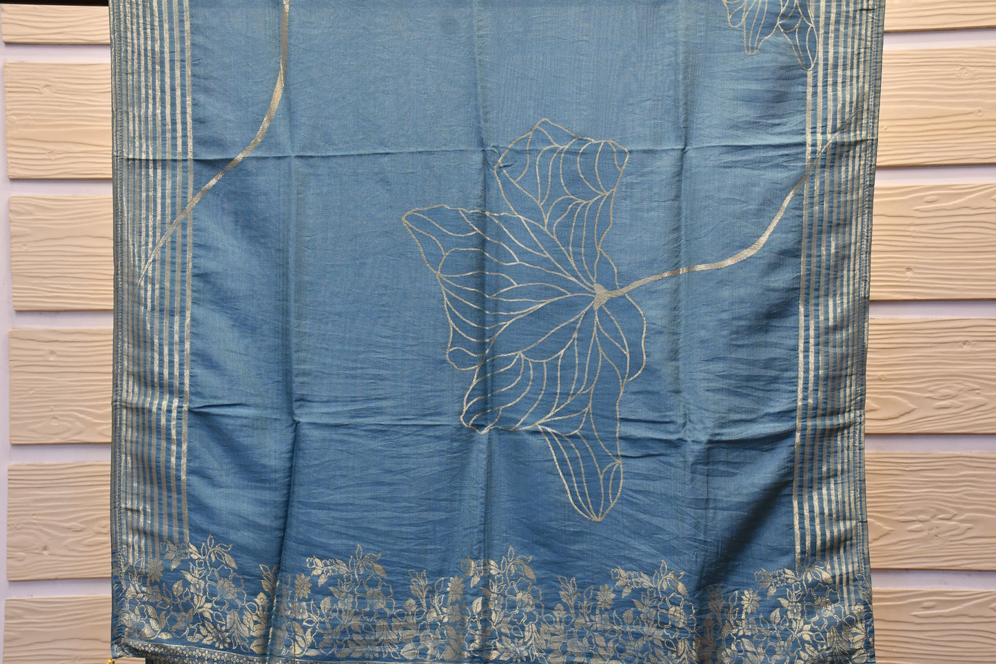 Elegant Art Silk Dress Material with V-Neck, Neckline Embroidery & Foil Work Flower Dupatta