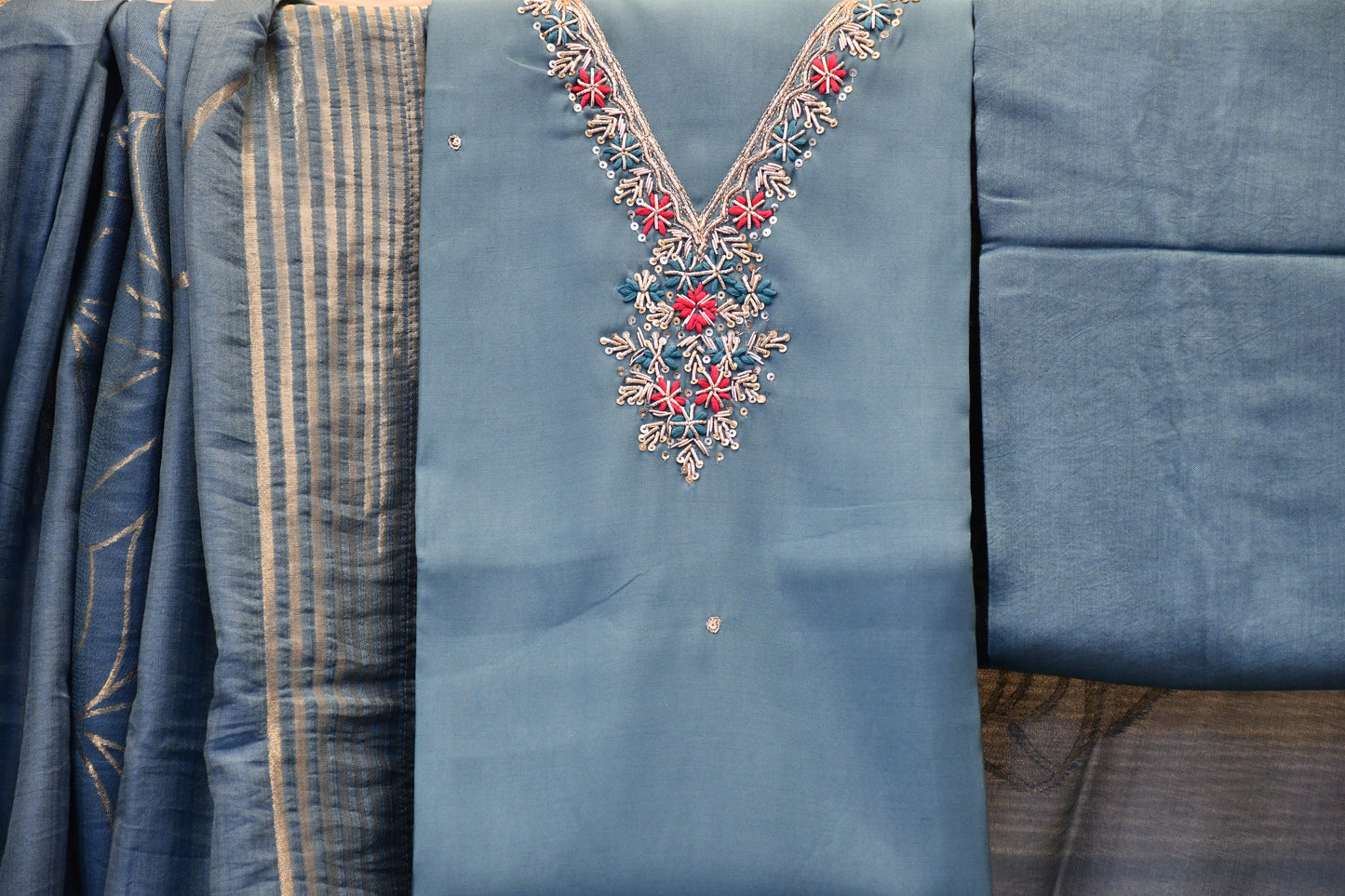 Elegant Art Silk Dress Material with V-Neck, Neckline Embroidery & Foil Work Flower Dupatta