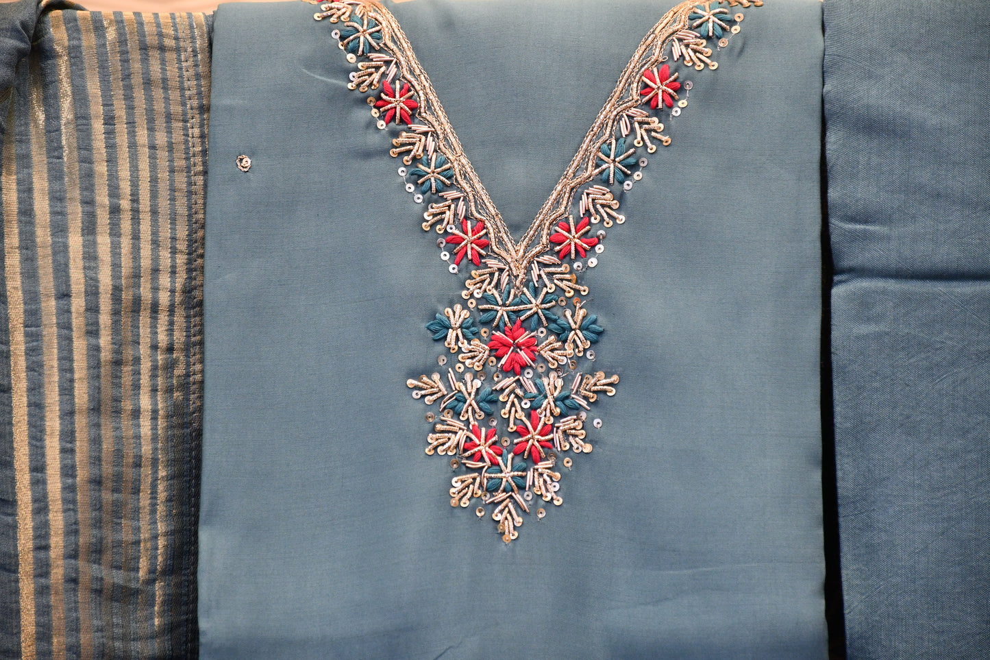 Elegant Art Silk Dress Material with V-Neck, Neckline Embroidery & Foil Work Flower Dupatta