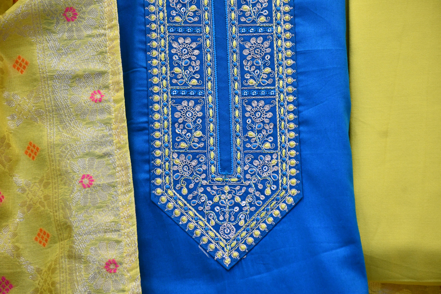 Elegant Dress Material with Neck Embroidery & Banarasi Dupatta Set