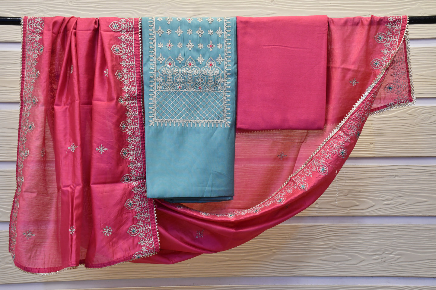 Turquoise Dress Material with Golden Neck Work & Hot Pink Dupatta Set