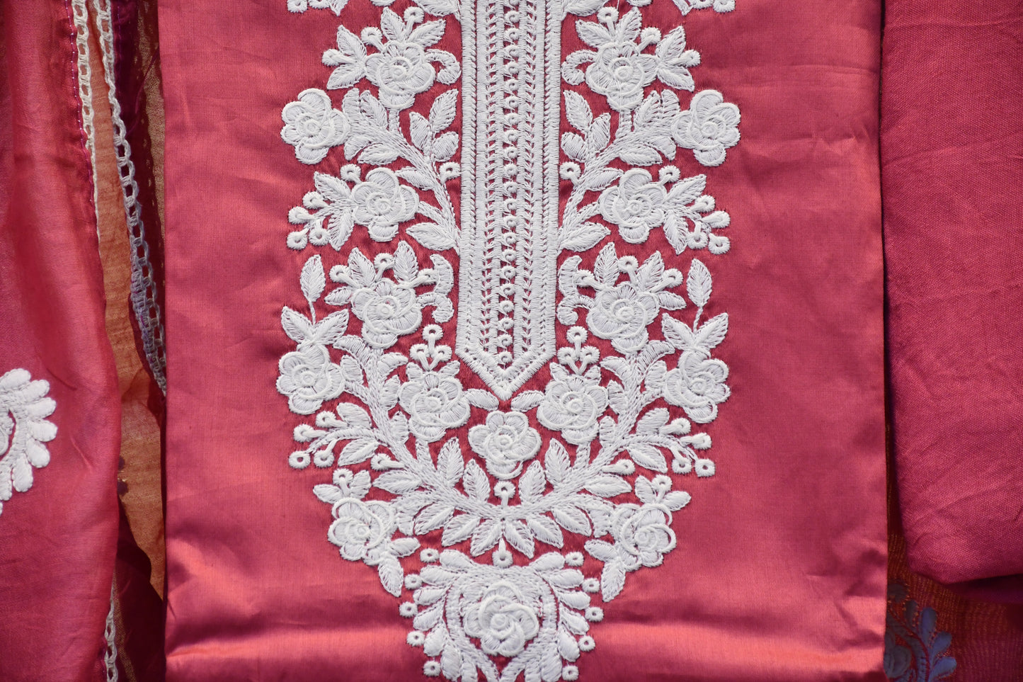 Mauve Dress Material with Kashmiri-Style Neck Embroidery & Matching Dupatta