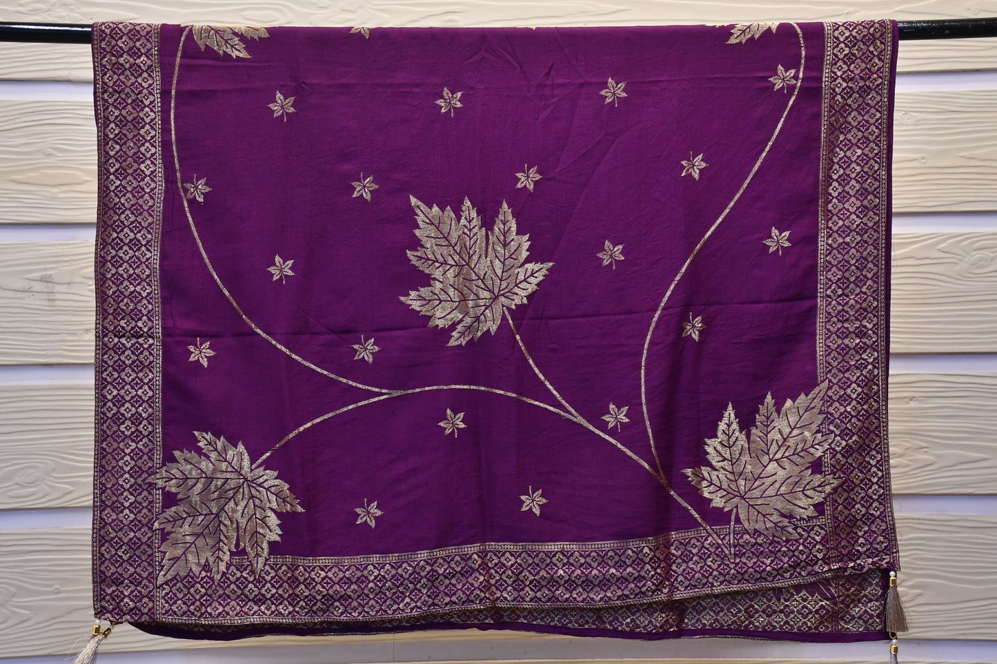 Wine Dress Material with Golden Embroidery & Foil Work Floral Dupatta