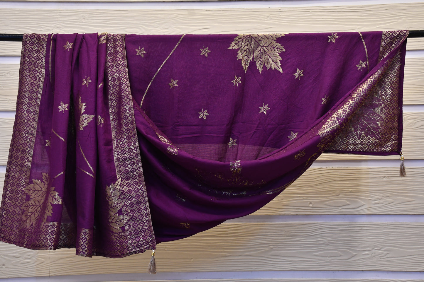 Wine Dress Material with Golden Embroidery & Foil Work Floral Dupatta