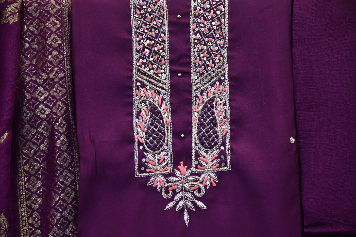 Wine Dress Material with Golden Embroidery & Foil Work Floral Dupatta