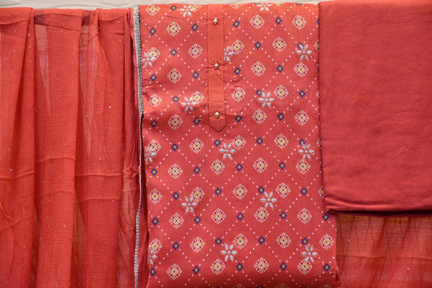Red Raw Silk Dress Material with Golden Foil Work & Georgette Dupatta