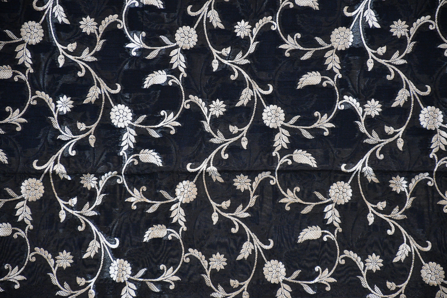 Classic Black Linen Dress Material with Silver Floral Embroidery & Statement Dupatta