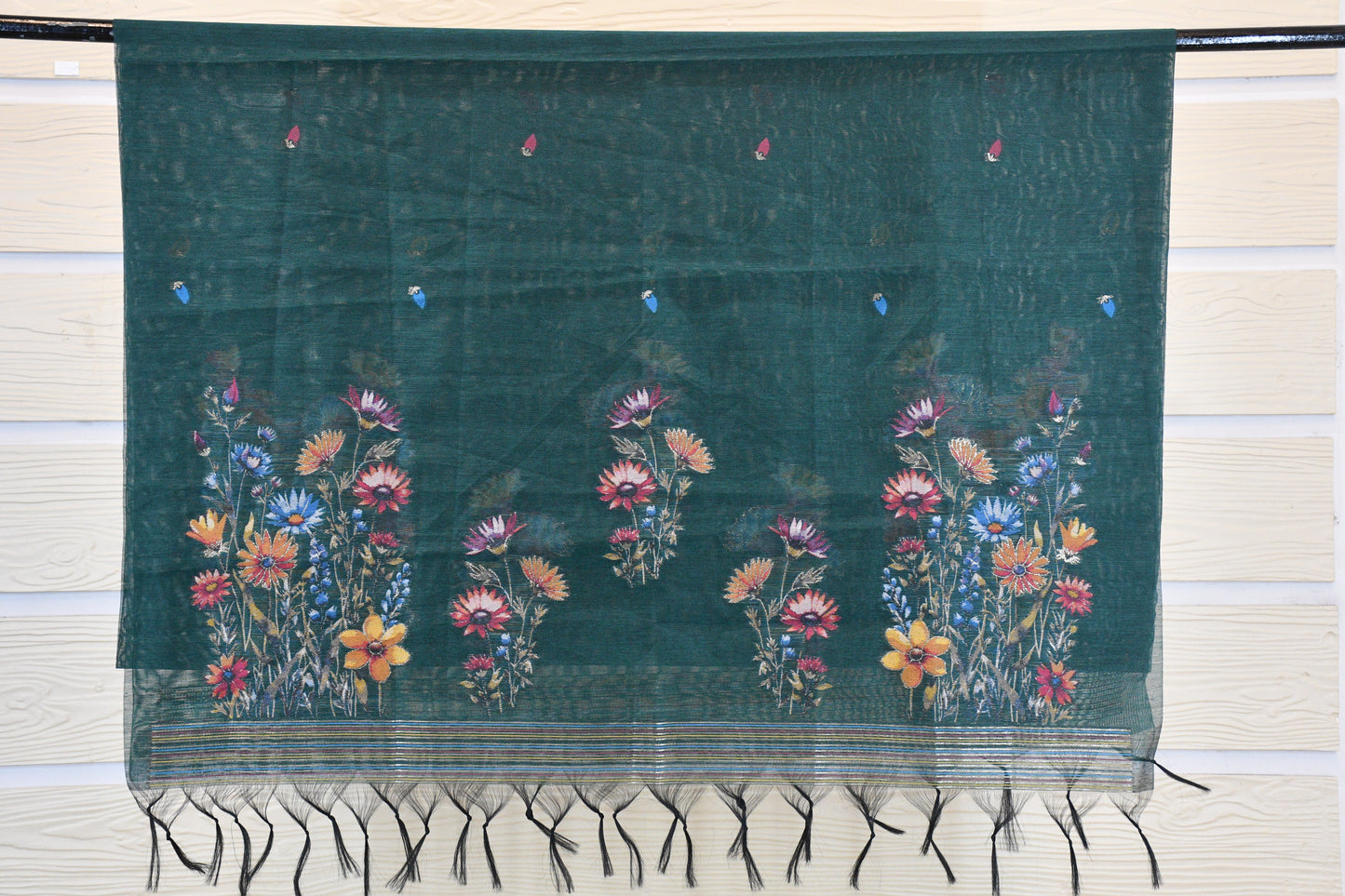 Deep Teal Linen Dress Material with Multicolor Floral Weaving & Tasselled Dupatta