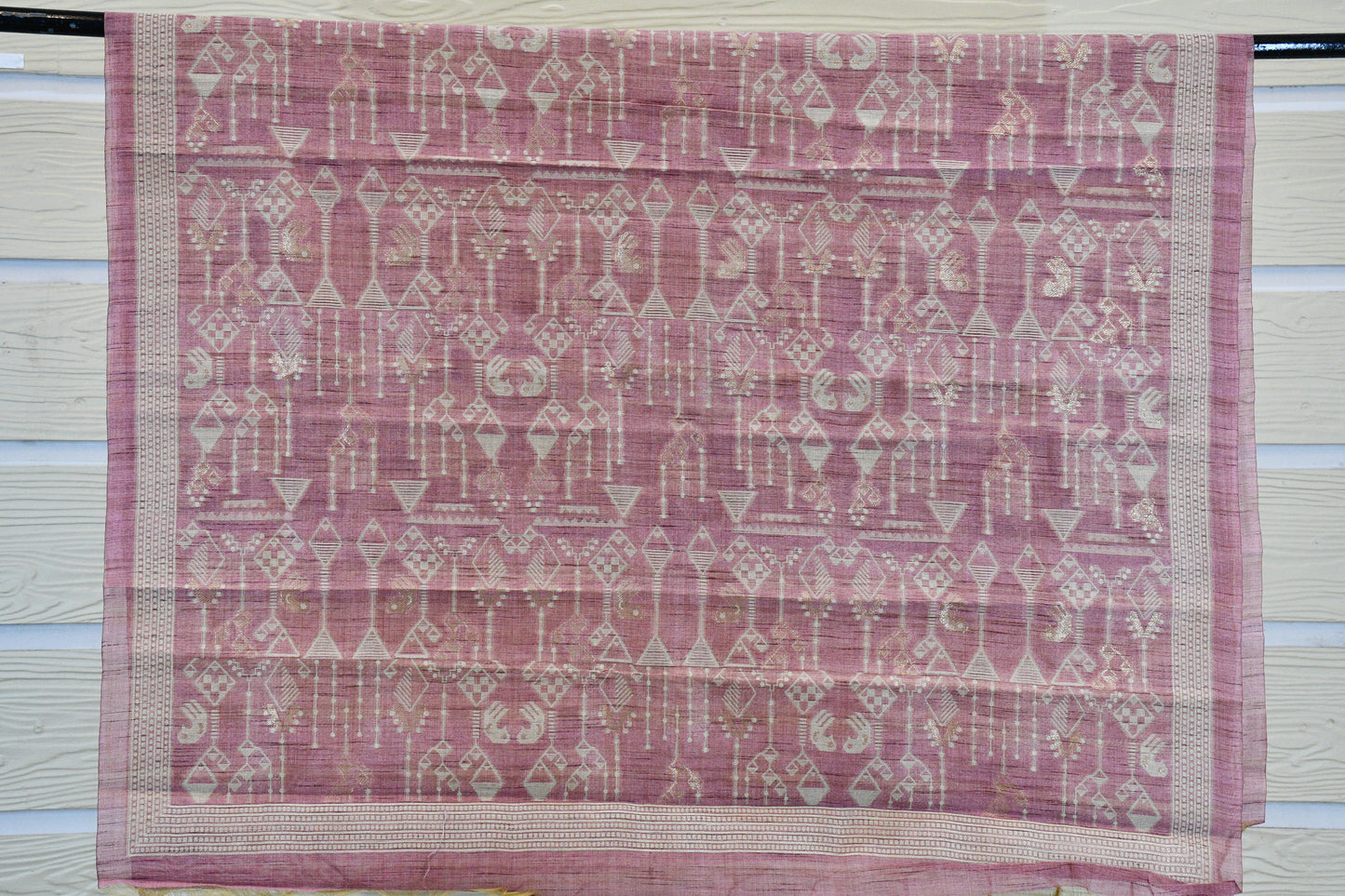 Dusky Rose Handwoven Linen Dress Material with Tribal-Inspired Zari Motifs & Tasselled Dupatta