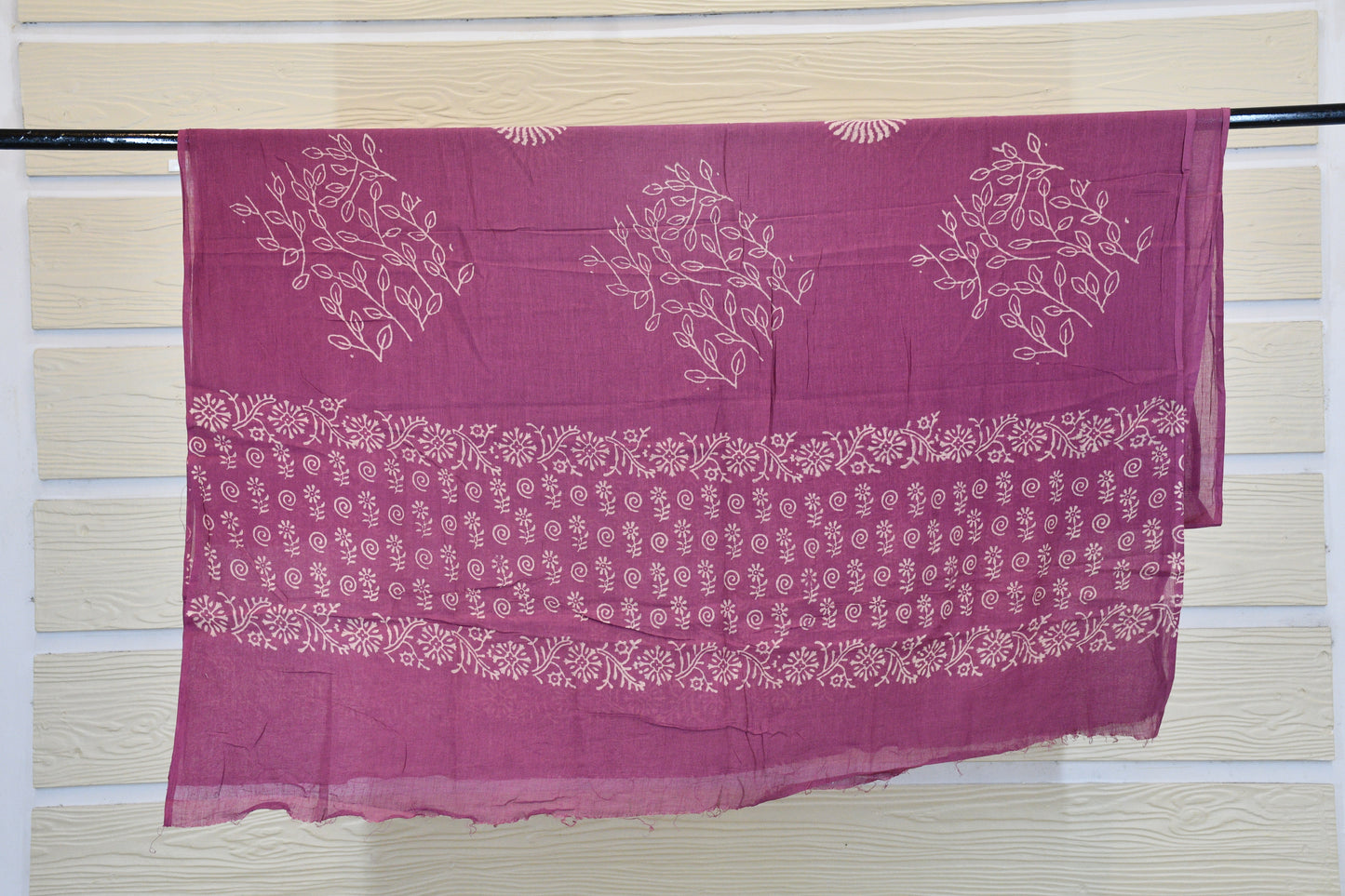Mauve Dabu Print Cotton Dress Material with Kantha Work Detailing