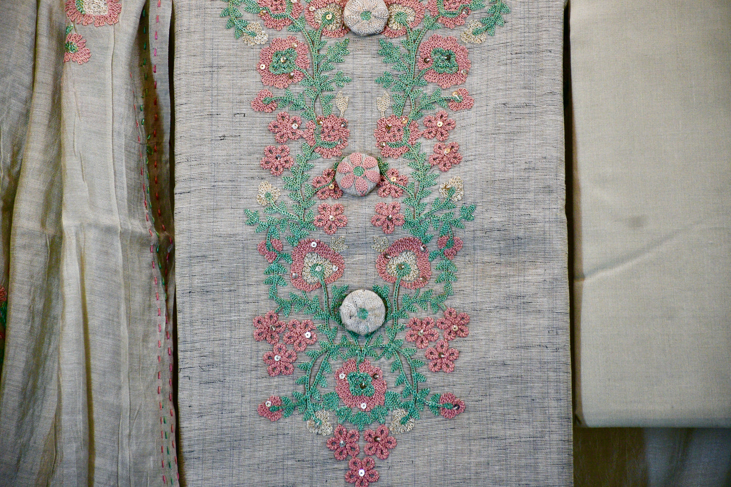 Khadi Cotton Dress Material with Floral Embroidered Neck & Dupatta