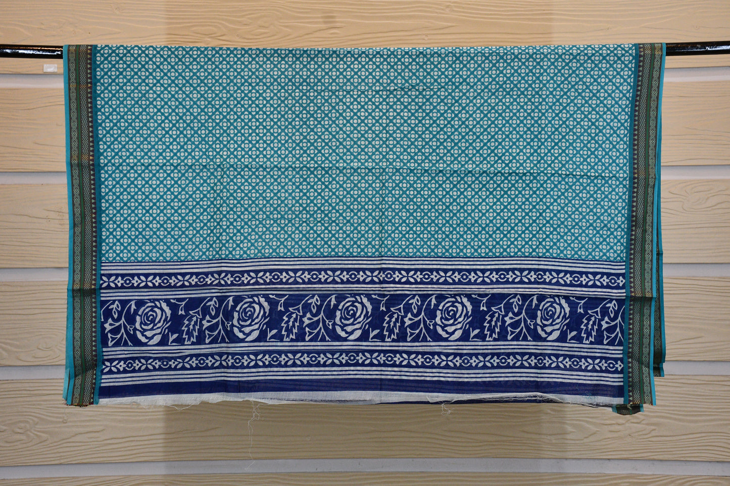 Teal Blue Printed Cotton Dress Material with Contrast Border Dupatta