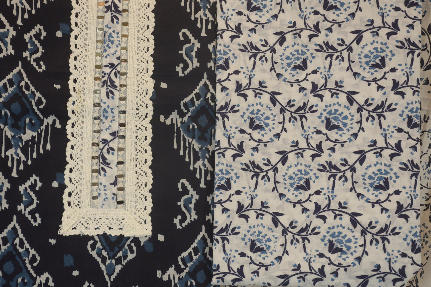 Dark Blue Block Printed Dress Material with White Printed Bottom | Handcrafted Cotton Set