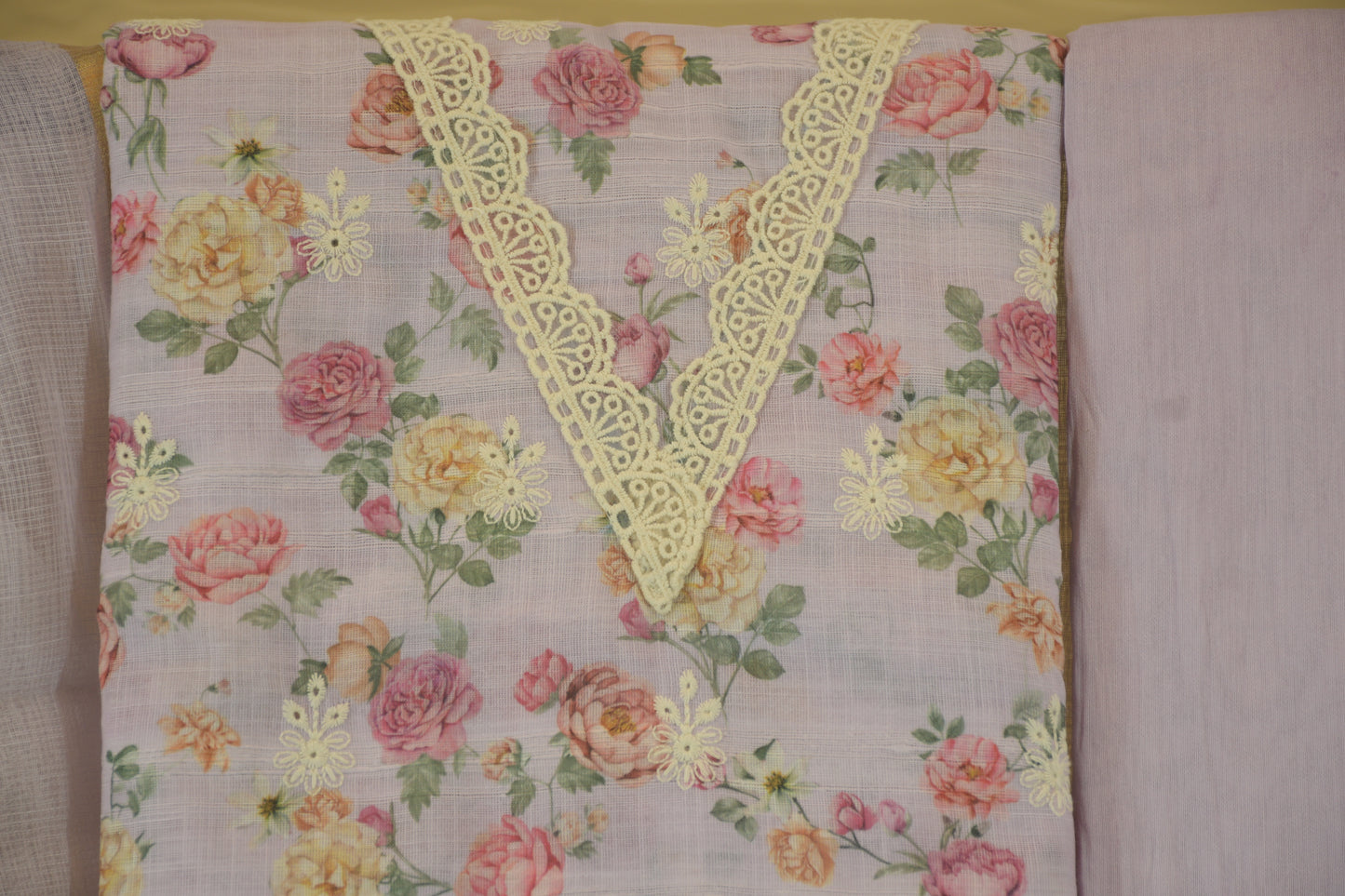 Lilac Blossom: Linen Dress Material with V-Neck