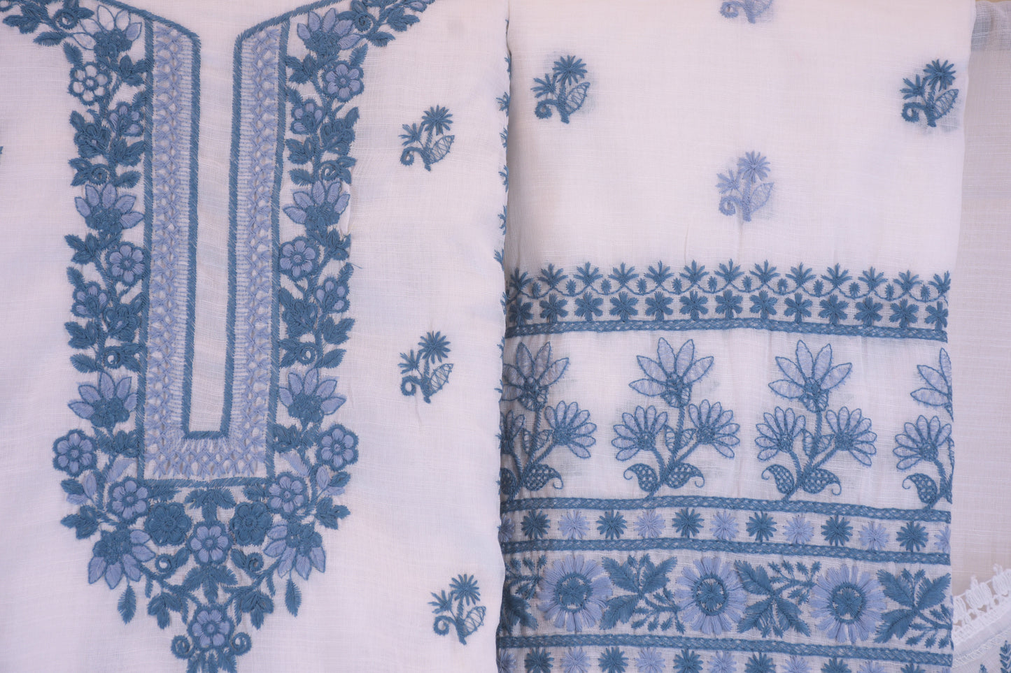 Ivory & Indigo: Fully Embroidered Linen Blend Dress Materia
