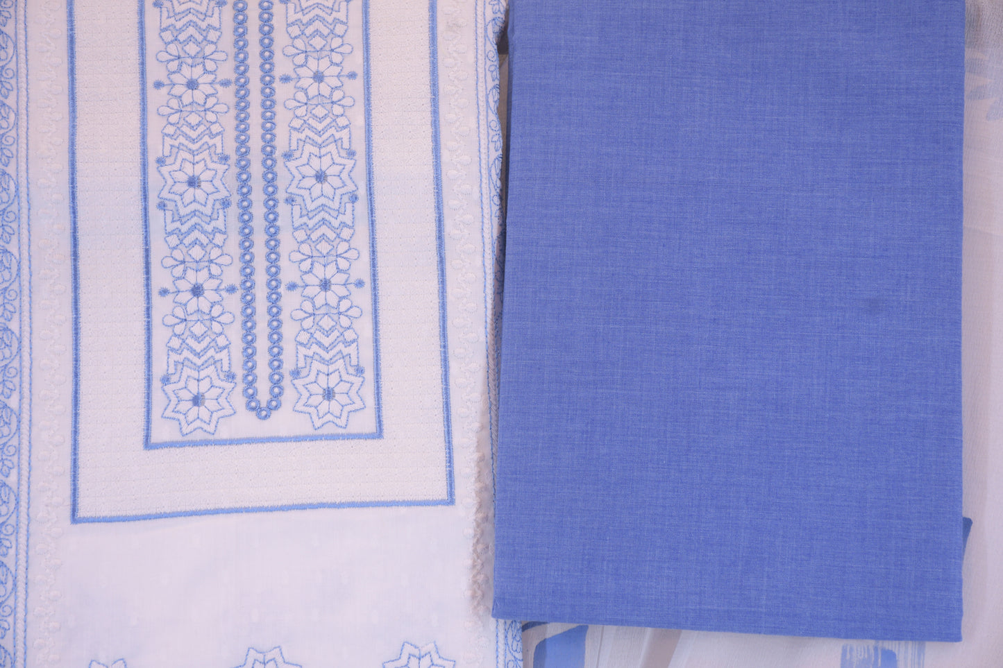 Azure & Snow: Embroidered Cotton Linen Dress Material