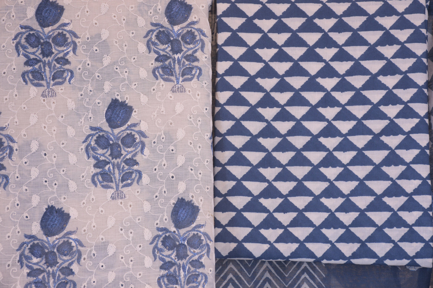 White & Blue Cotton Floral Chikankari Suit Set