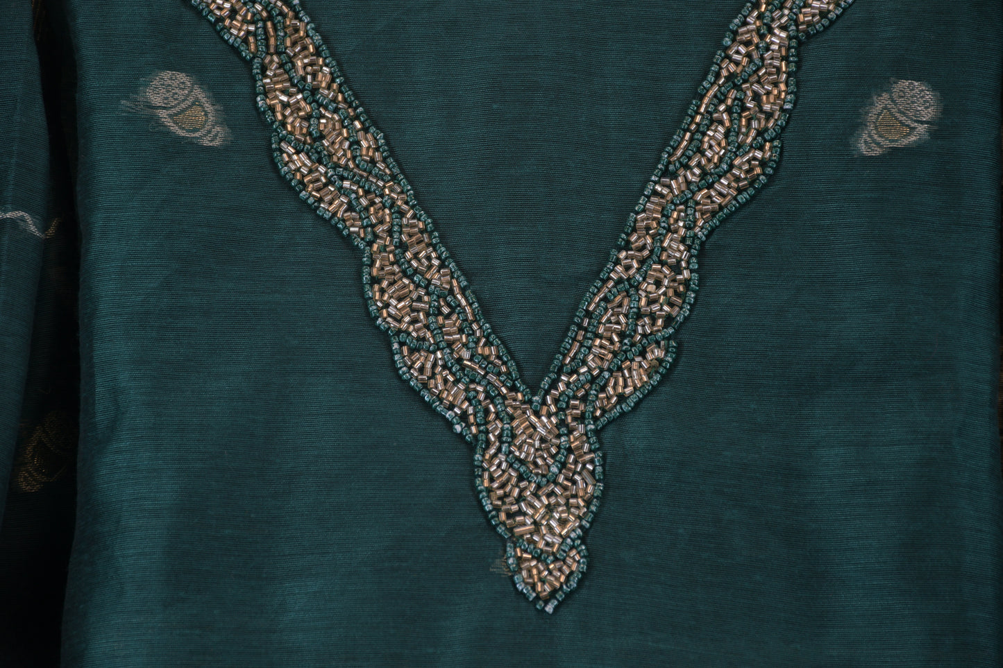 Royal Emerald: V-Neck Dress Material with Zari Woven Dupatta