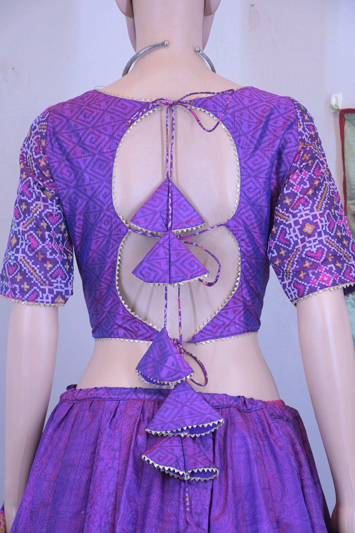 Regal Purple Silk Patola Chanya Choli with Triangle-Tie Back Blouse | Siddhi Boutique
