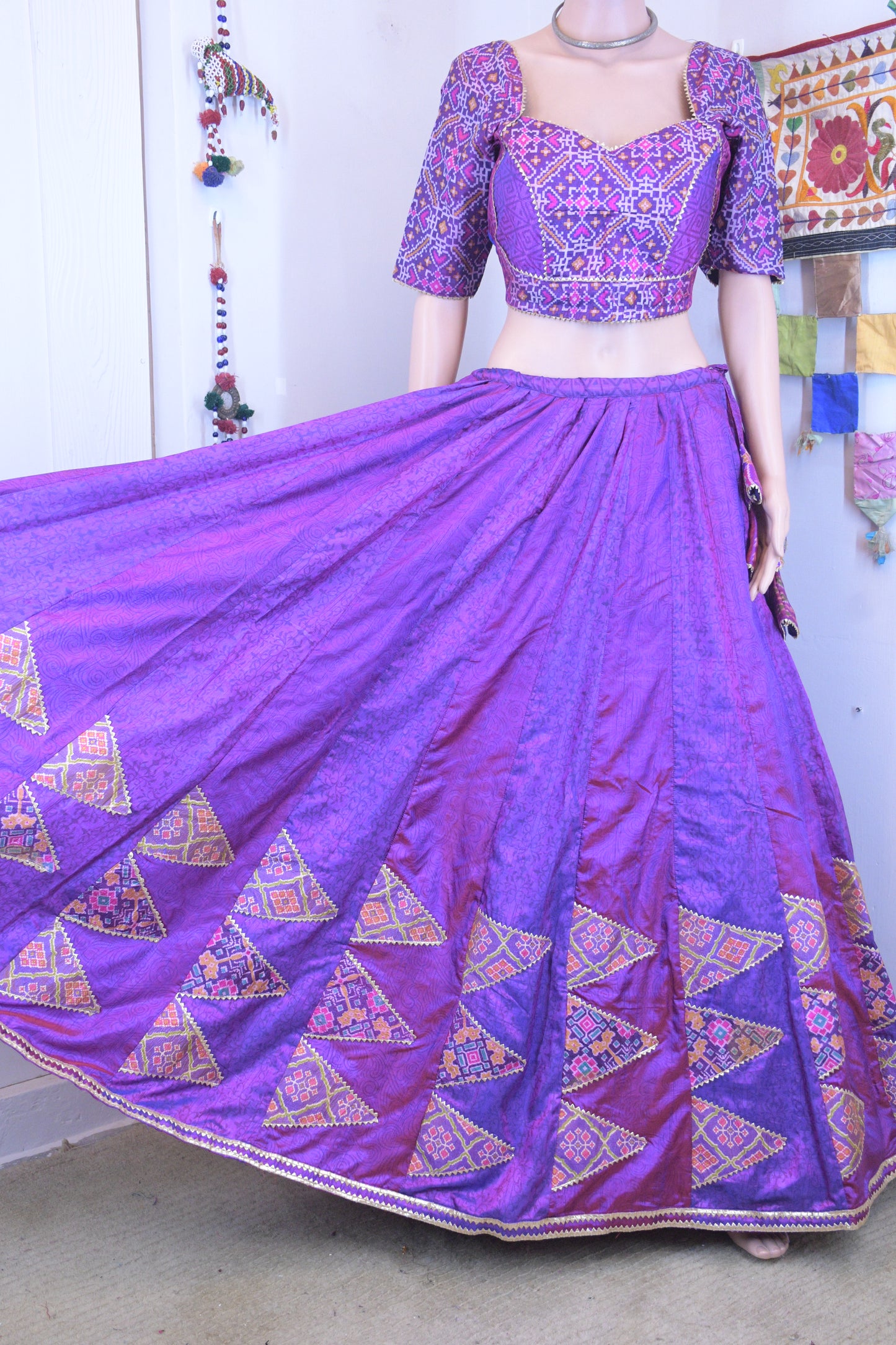Regal Purple Silk Patola Chanya Choli with Triangle-Tie Back Blouse | Siddhi Boutique