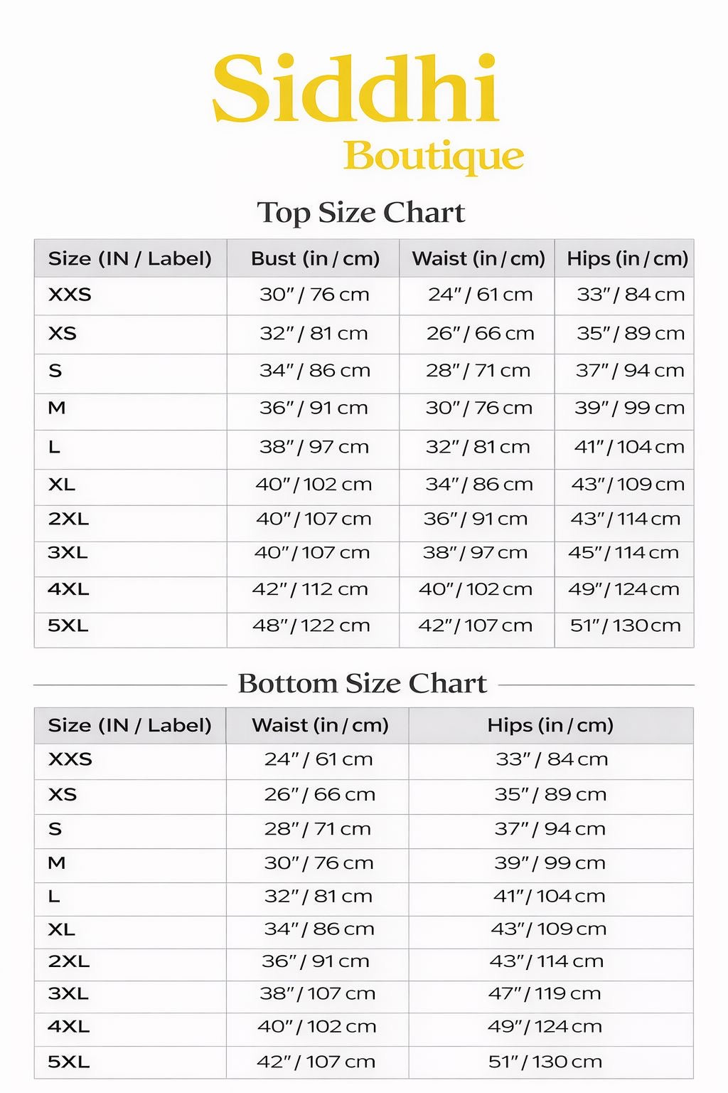Size chart for top and bottom measurements by Siddhi Boutique