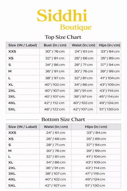 Size chart for top and bottom measurements by Siddhi Boutique