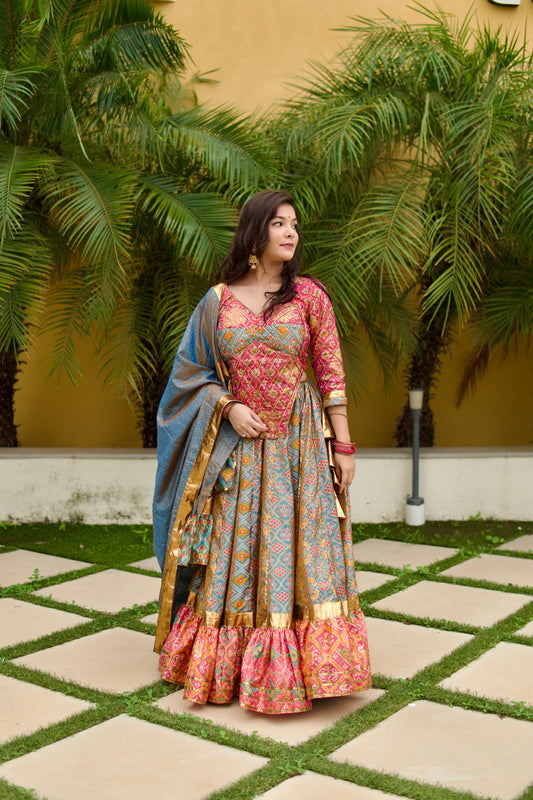 Pastel Blue & Pink Silk Patola Chanya Choli-One of One