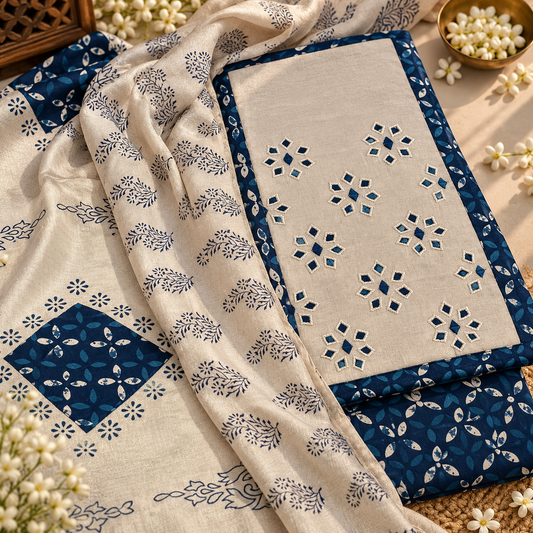 Champagne Beige Blue Printed Dress Material