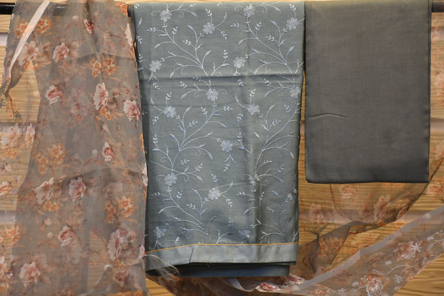 Elegant Silk Dress Material with Intricate Embroidery and Organza Dupatta