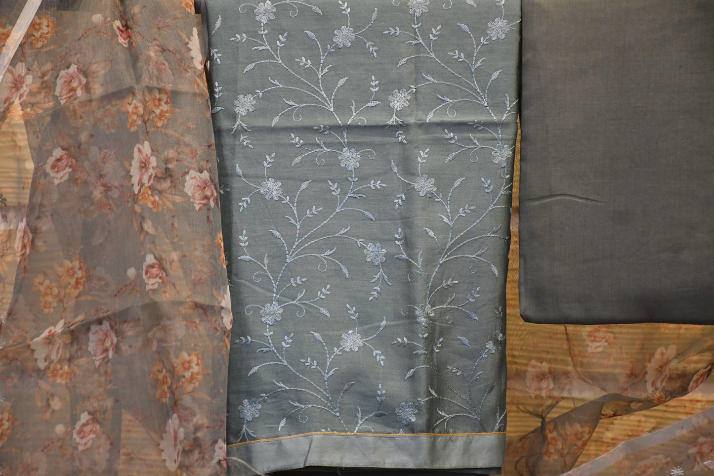 Elegant Silk Dress Material with Intricate Embroidery and Organza Dupatta