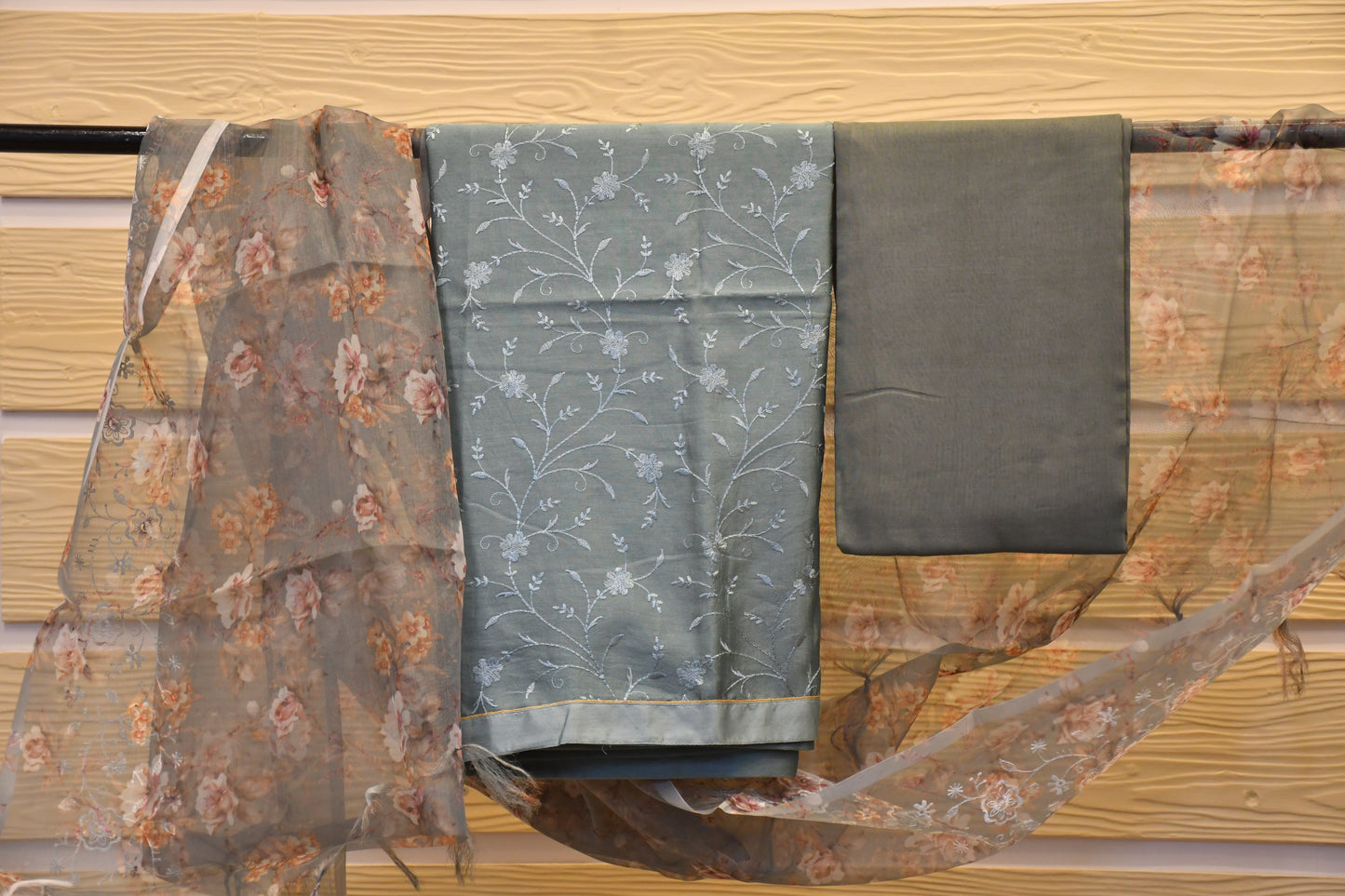 Elegant Silk Dress Material with Intricate Embroidery and Organza Dupatta