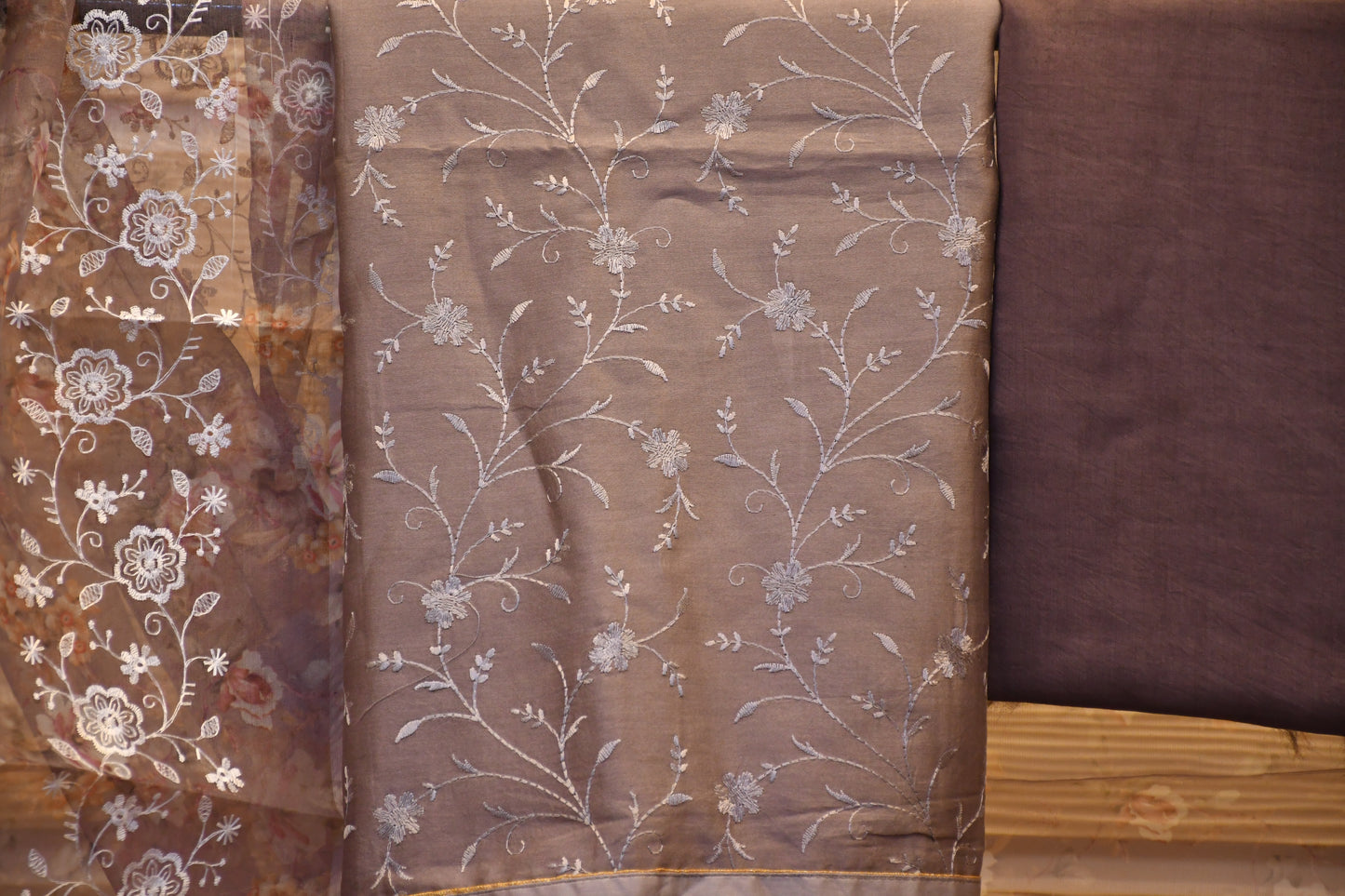 Elegant Silk Dress Material with Intricate Embroidery and Organza Dupatta