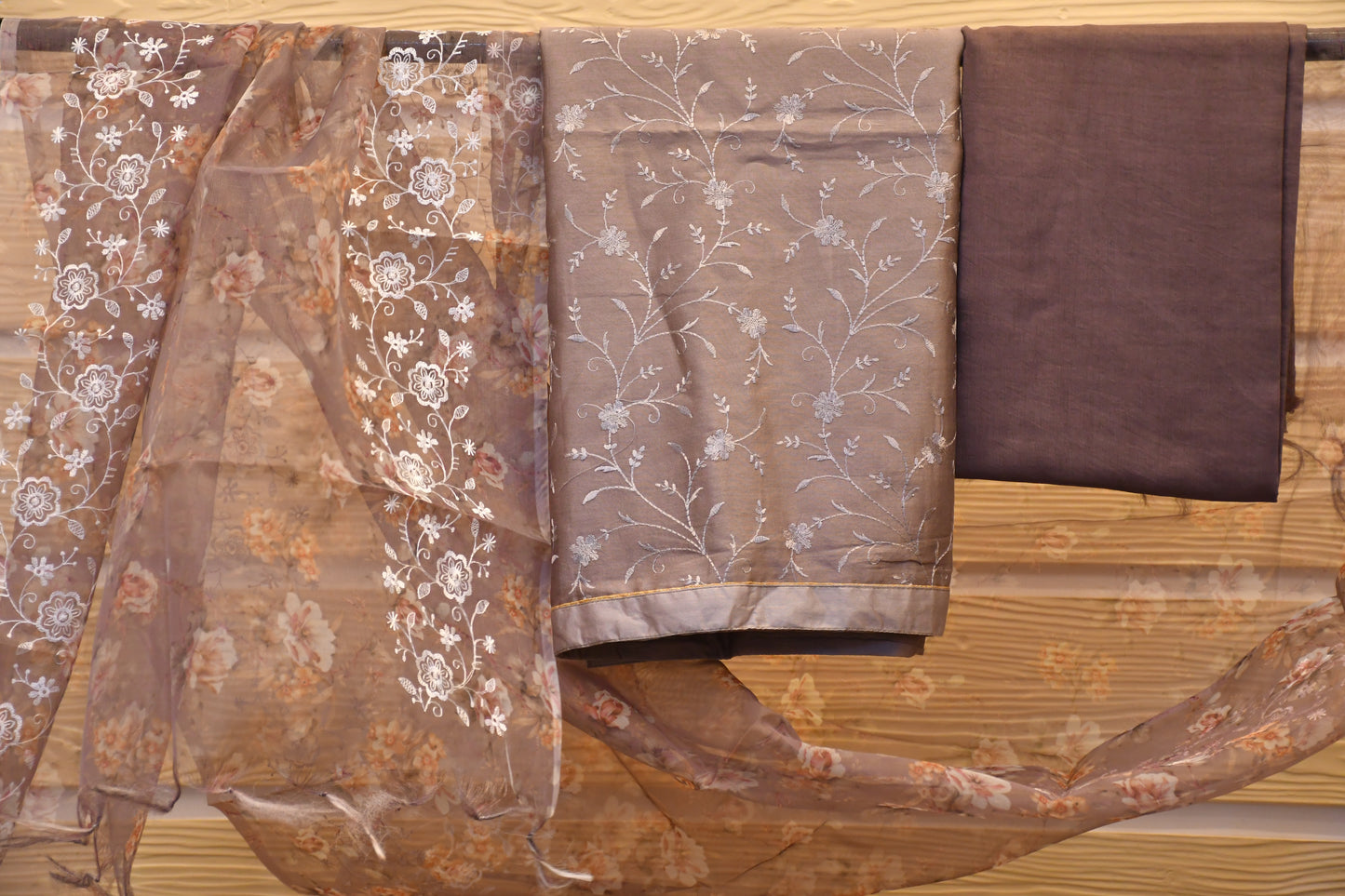 Elegant Silk Dress Material with Intricate Embroidery and Organza Dupatta