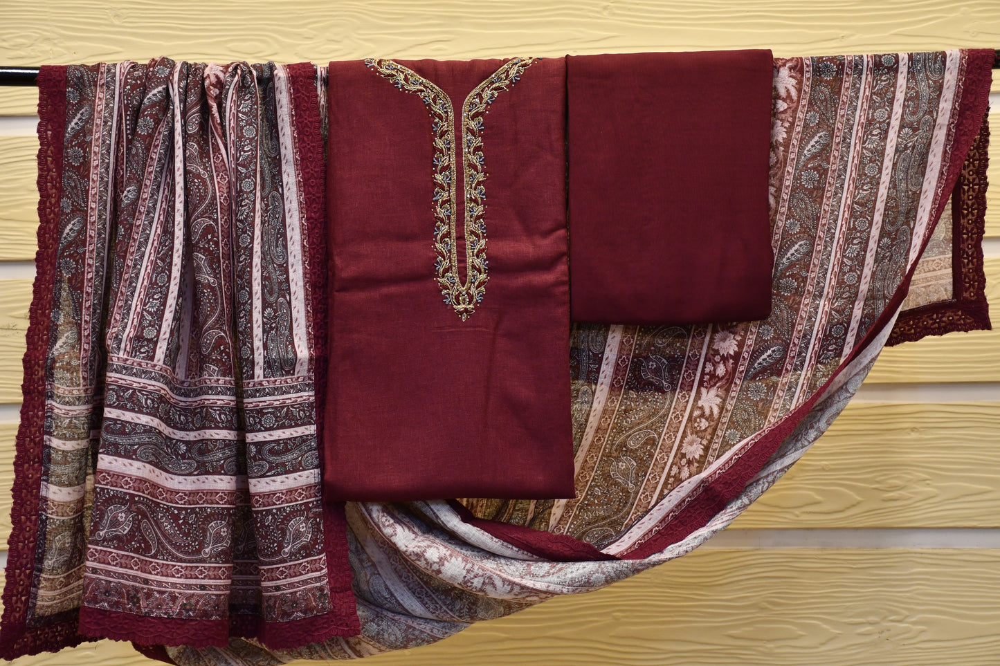 Handwoven Fabric with Intricate Neck Work and Contrast Woven Dupatta