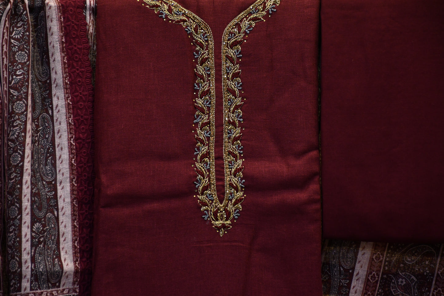 Handwoven Fabric with Intricate Neck Work and Contrast Woven Dupatta
