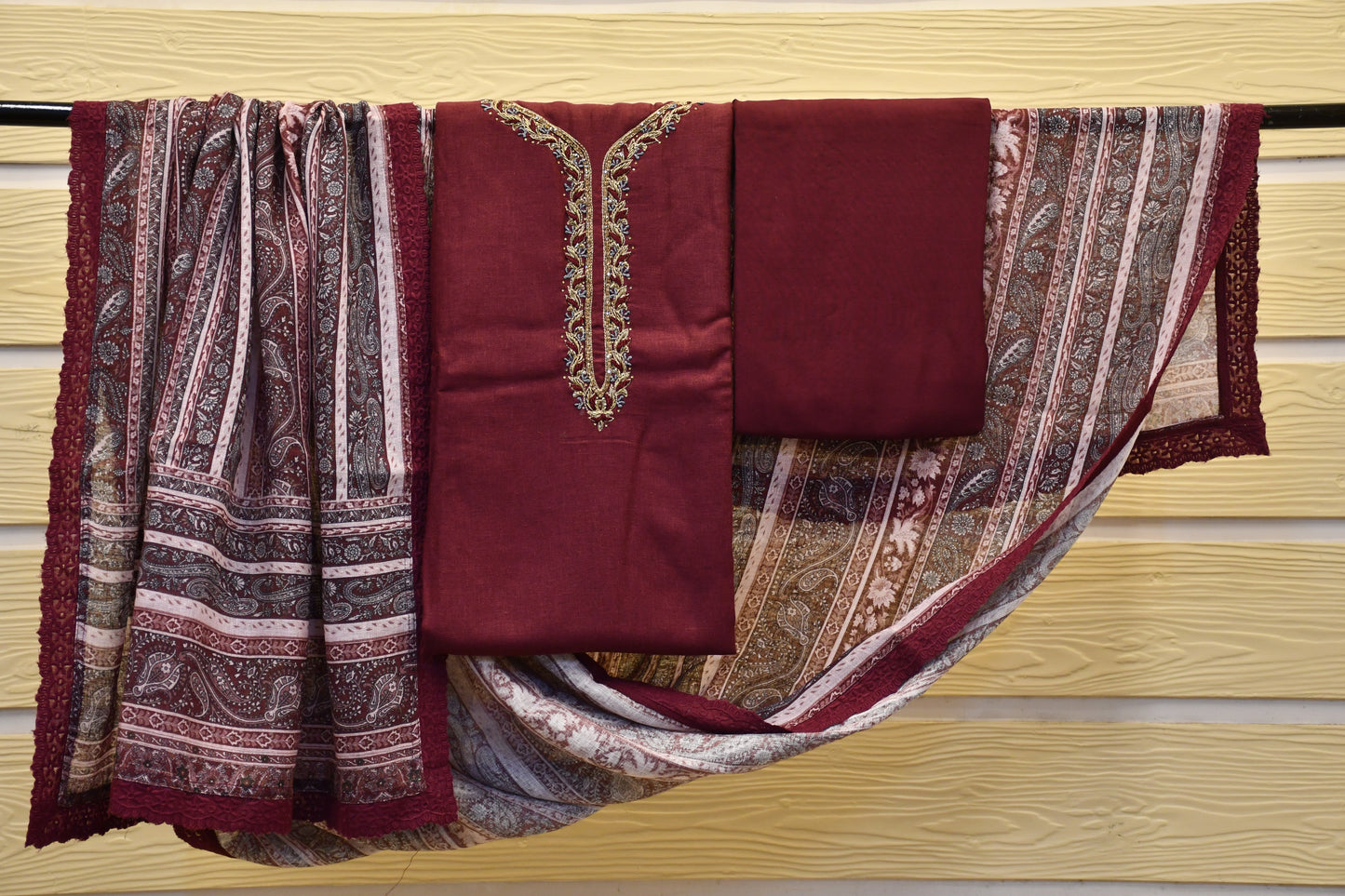 Handwoven Fabric with Intricate Neck Work and Contrast Woven Dupatta