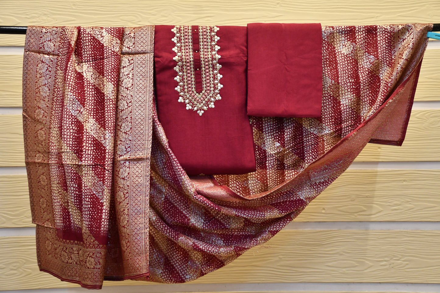 Embellished Silk Dress Material with Neck Embroidery Work and Chanderi Dupatta