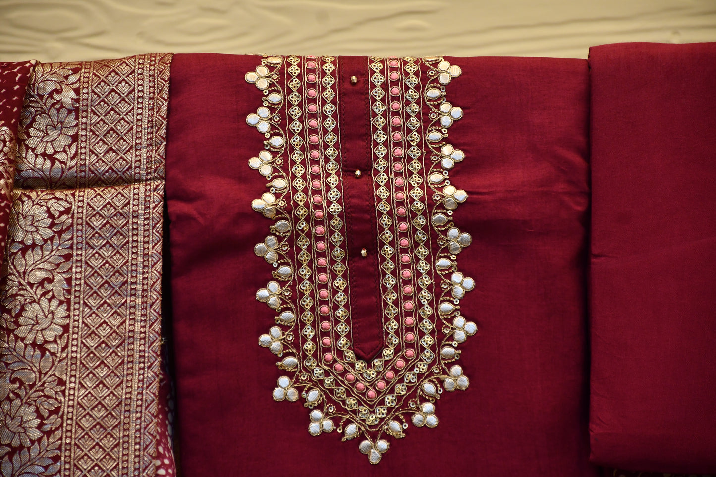 Embellished Silk Dress Material with Neck Embroidery Work and Chanderi Dupatta
