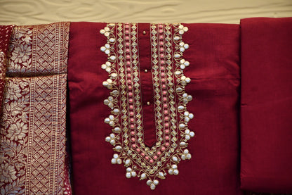 Embellished Silk Dress Material with Neck Embroidery Work and Chanderi Dupatta