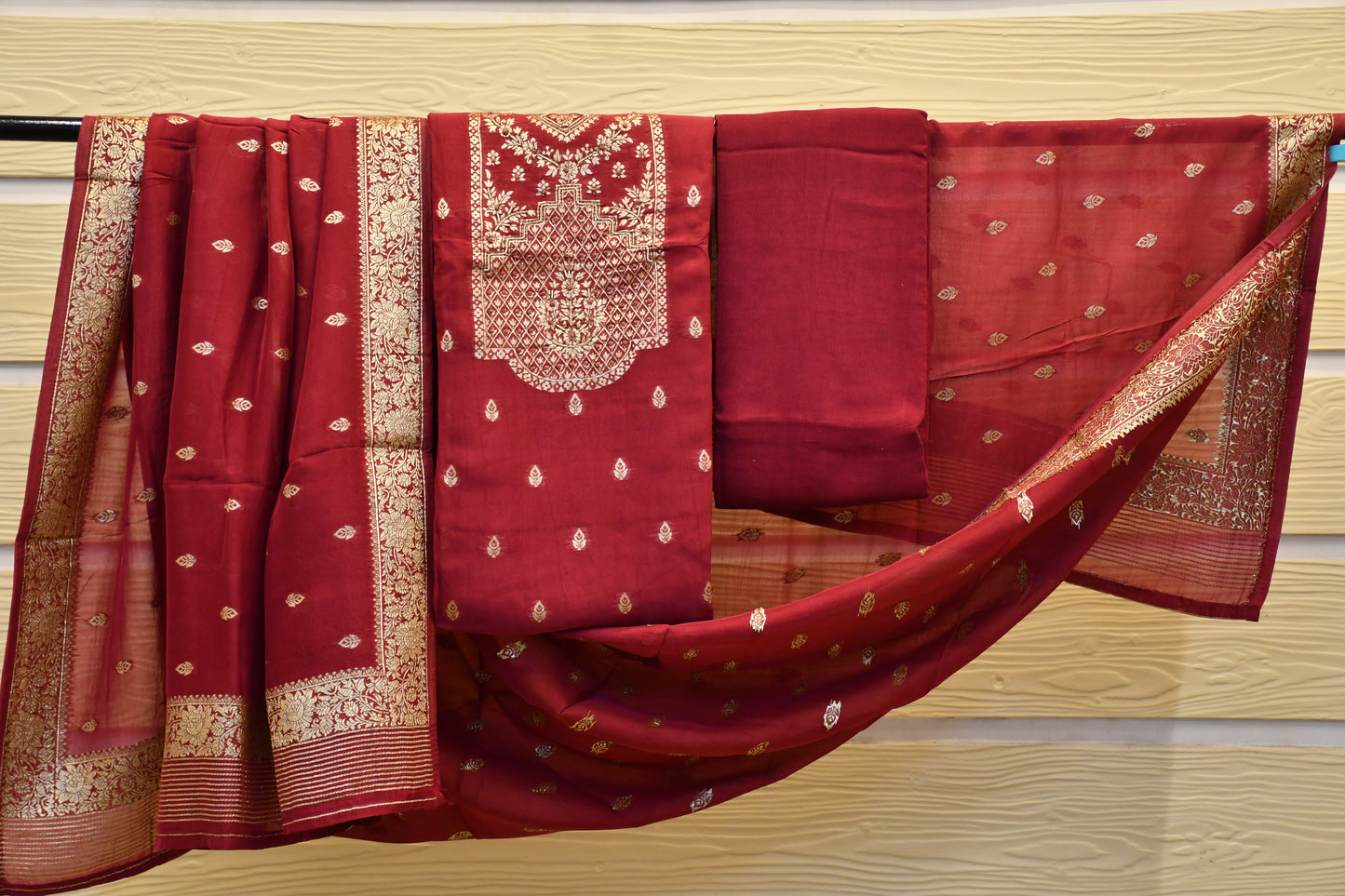 Mauve Chanderi Dress Material with All-Over Weaving and Handwork