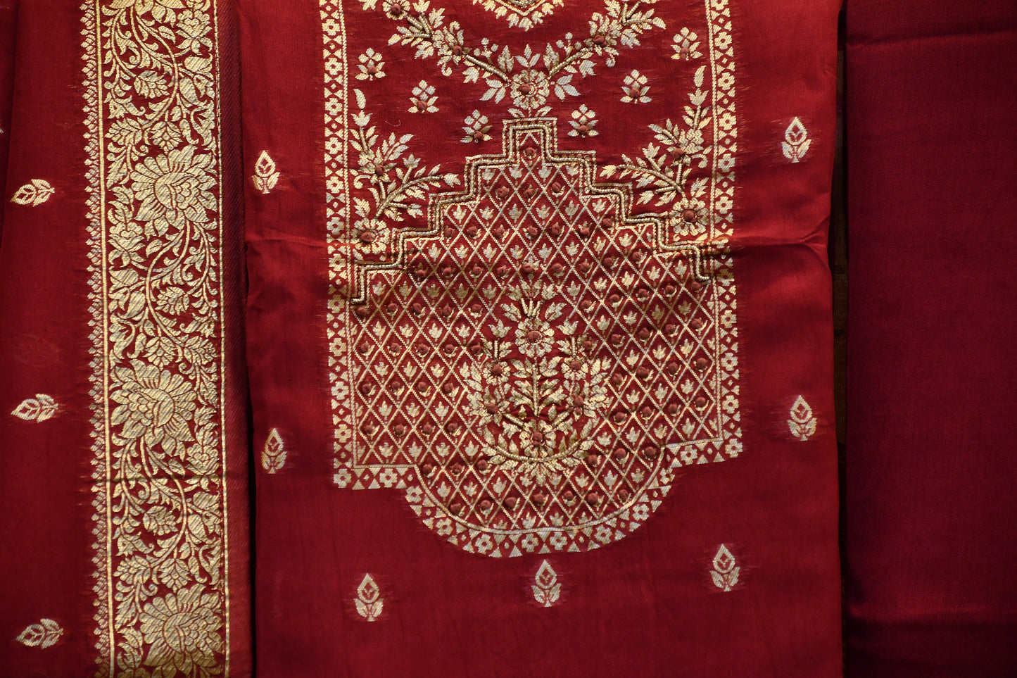 Mauve Chanderi Dress Material with All-Over Weaving and Handwork