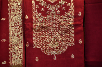 Mauve Chanderi Dress Material with All-Over Weaving and Handwork