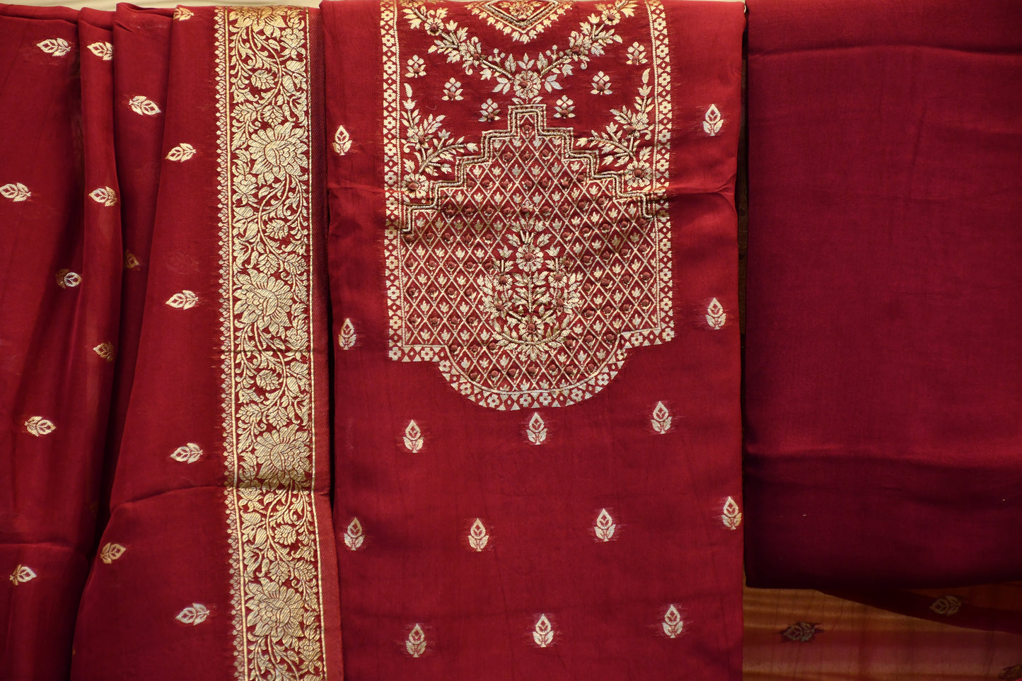Mauve Chanderi Dress Material with All-Over Weaving and Handwork